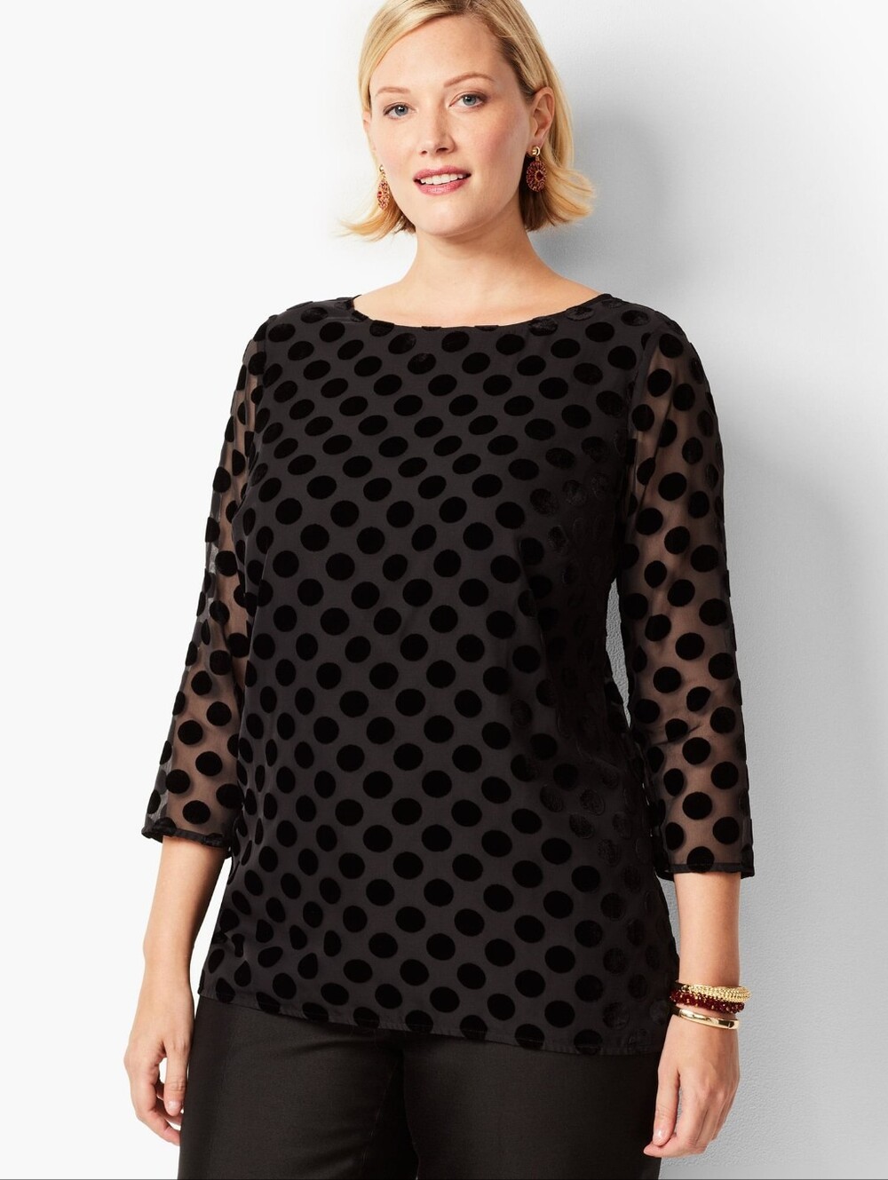 RSVP BY TALBOTS Black Velvet Burnout Polka Dot Top Evening Blouse | SZ 2X